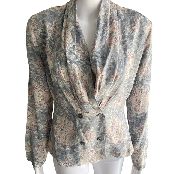 Vintage Silk Top by Classiques 100% Silk Double Breasted Pink Gray Size 4 - Picture 1 of 9